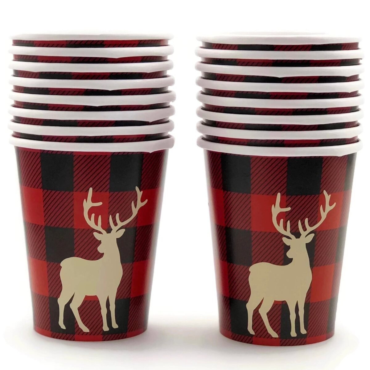 16 Buffalo Plaid Deer Party Cups