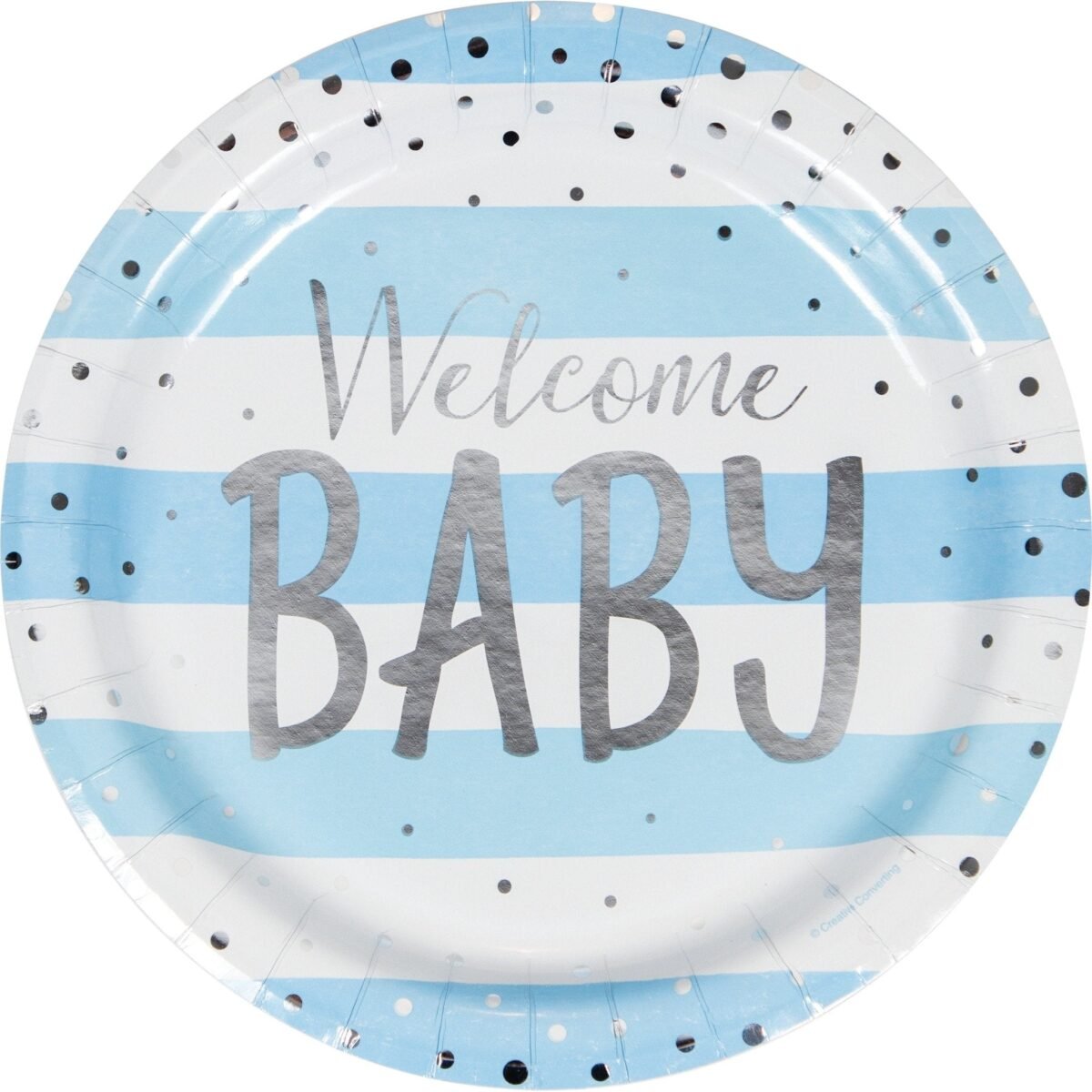 9" Blue & Silver Foil Welcome Baby Plates