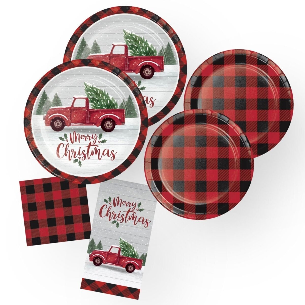 Red Truck Buffalo Plaid Christmas Plates & Napkins